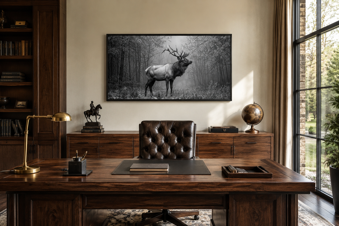 Black and white framed canvas wall art of an elk stag standing in a misty forest above a desk.