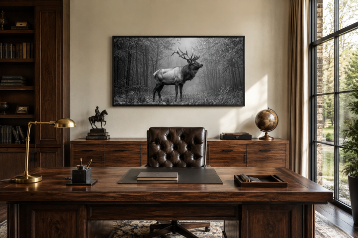 Black and white framed canvas wall art of an elk stag standing in a misty forest above a desk.