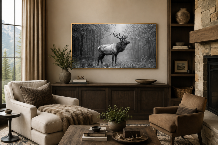 Black and white framed canvas wall art of an elk stag standing in a misty forest.