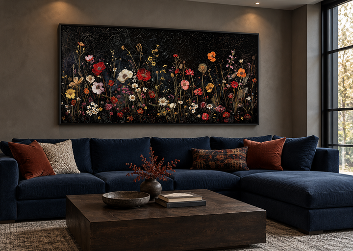 Framed canvas wall art of colorful wildflowers in a night field above a blue sectional sofa.
