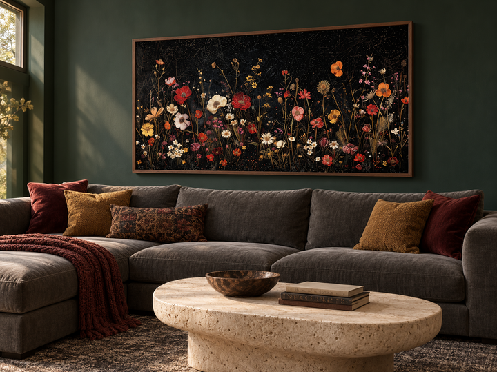 Framed canvas wall art of colorful wildflowers on a black background above a dark grey sectional.