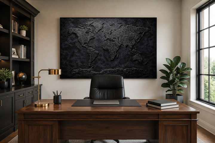Black textured world map framed canvas wall art hanging above a wooden desk in a modern office.