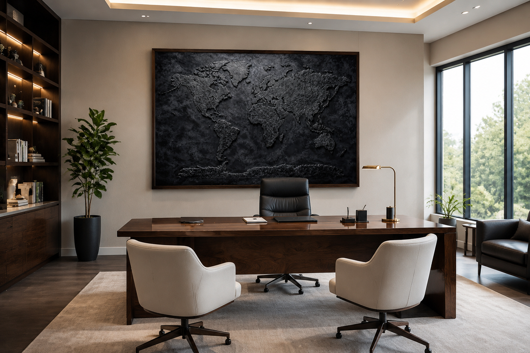 Black world map framed canvas wall art hanging above a desk in a modern office.