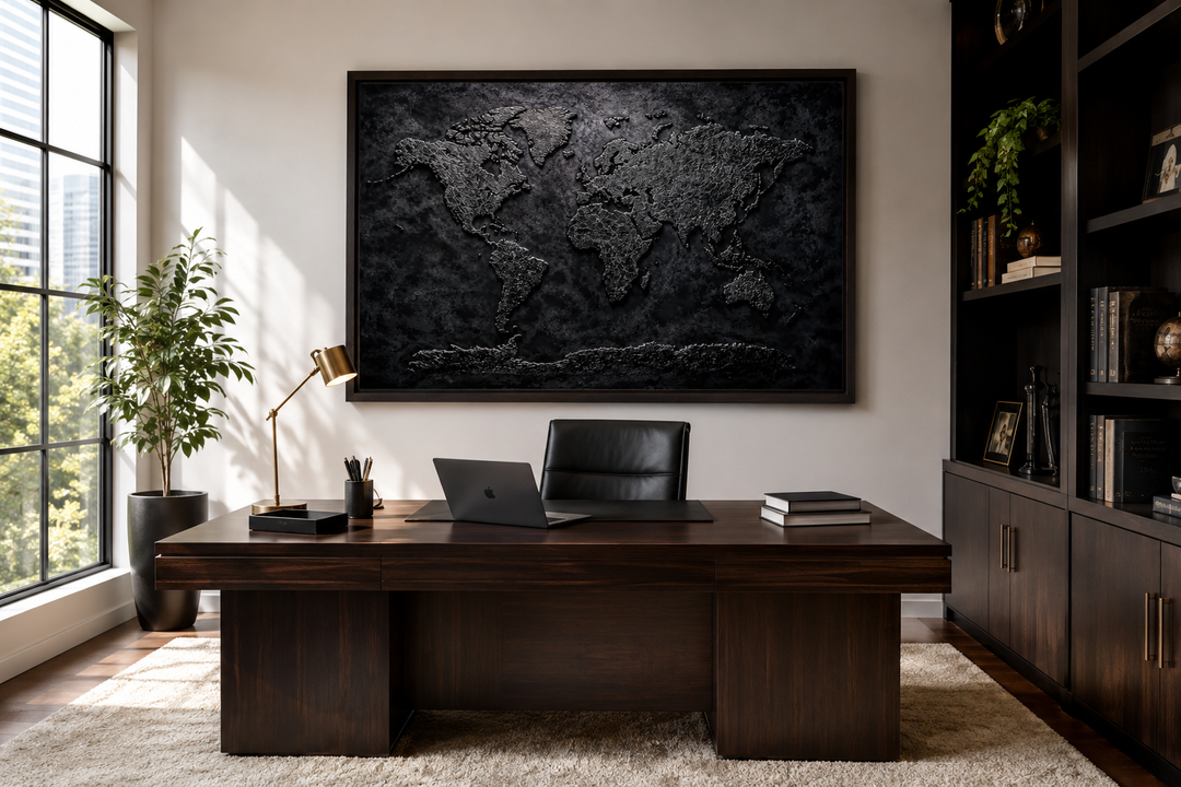 Black world map framed canvas wall art hanging above a dark wood desk in a modern office.