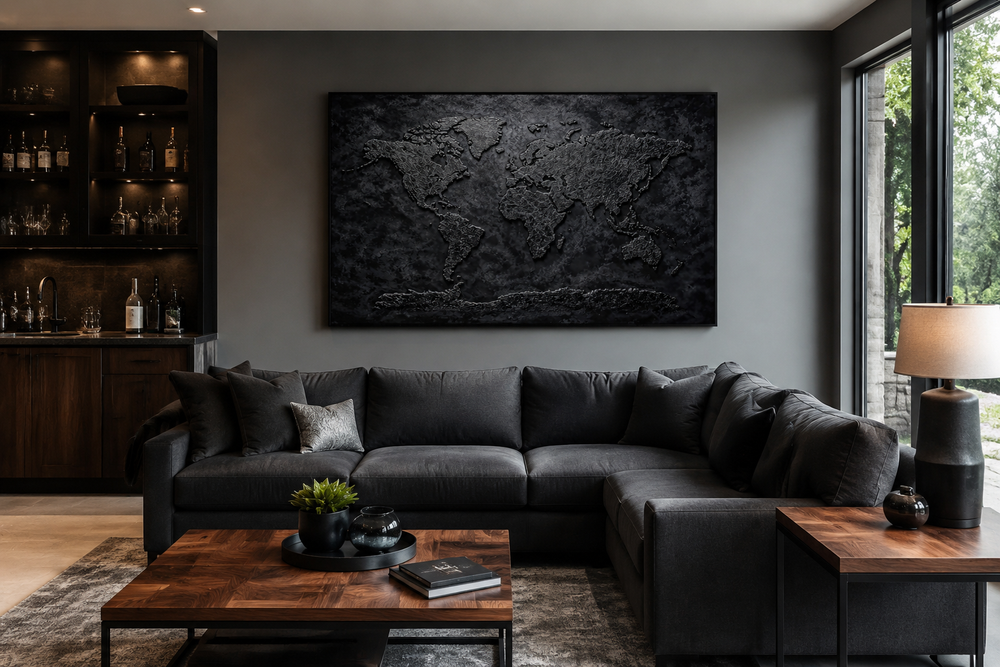 Black world map framed canvas wall art in a modern living room above a dark sectional sofa.
