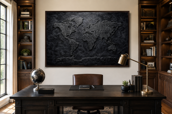 Black textured world map framed canvas wall art displayed in a dark wood office setting.