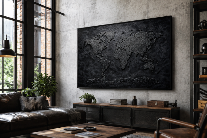 Black textured world map framed canvas wall art in a modern industrial living room.