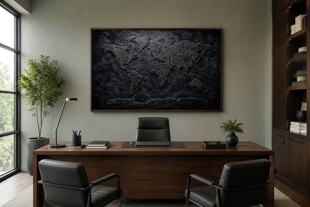 Black textured world map framed canvas wall art hanging above a dark wood desk in a modern office.