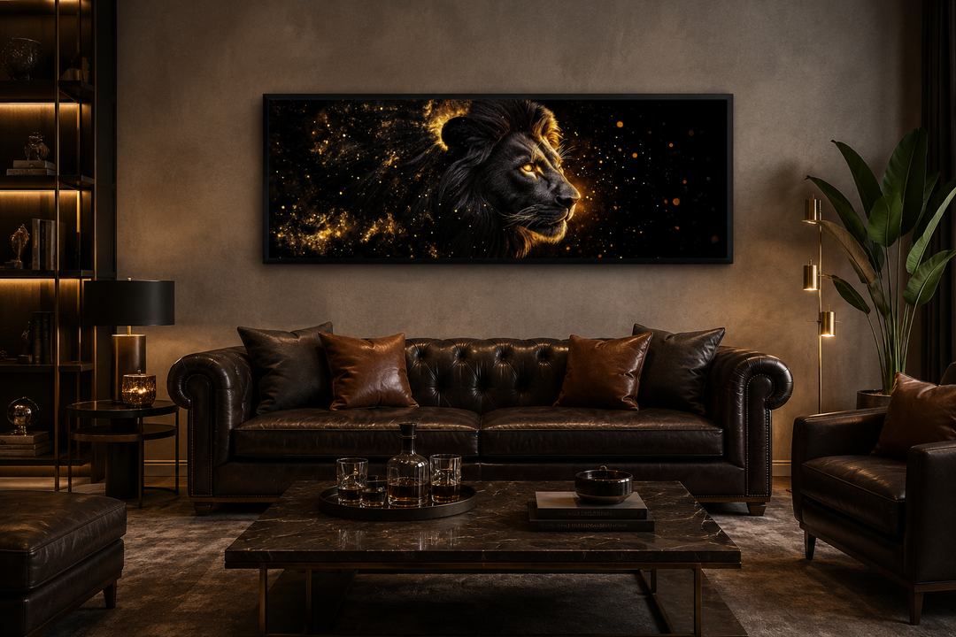 Long horizontal canvas art of a black lion with a glowing gold mane above a leather sofa.