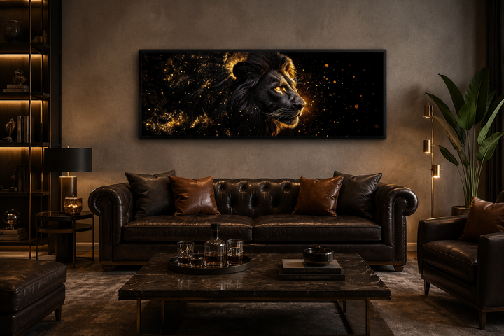 Long horizontal canvas art of a black lion with a glowing gold mane above a leather sofa.