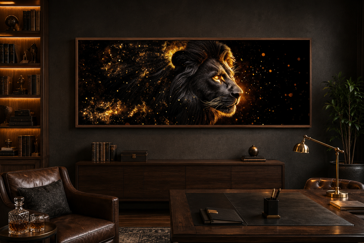 Horizontal black and gold lion canvas art displayed in a dark, masculine office setting.