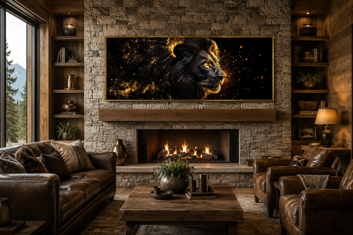 Black and gold lion canvas art on a stone fireplace in a rustic living room with leather furniture.
