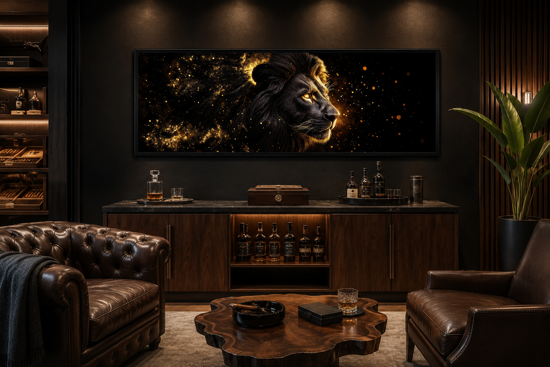 Horizontal canvas art of a black lion with a glowing gold mane in a dark, modern lounge setting.