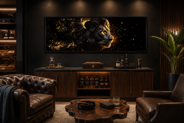 Horizontal canvas art of a black lion with a glowing gold mane in a dark, modern lounge setting.