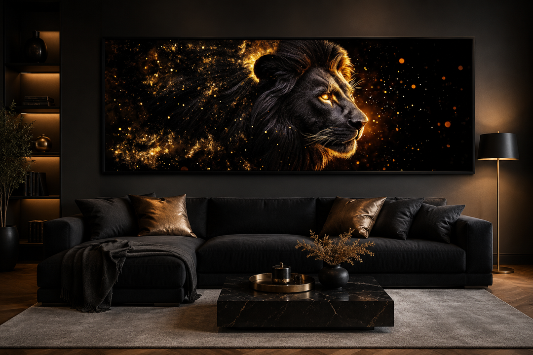 Horizontal canvas art of a black lion with a glowing gold mane above a black sofa in a dark room.