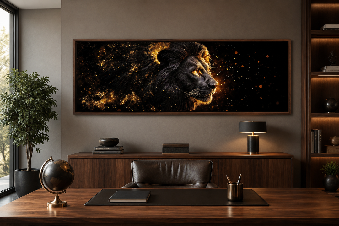 Long horizontal canvas art of a black lion with a glowing gold mane in a modern office setting.