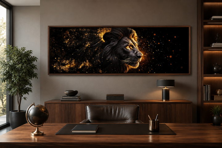 Long horizontal canvas art of a black lion with a glowing gold mane in a modern office setting.
