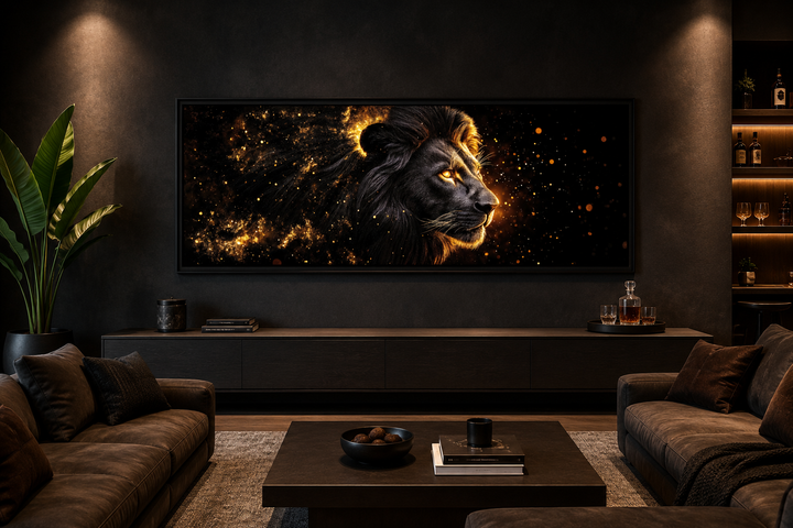 Black and gold lion canvas art on a dark wall above a modern media console in a masculine room.