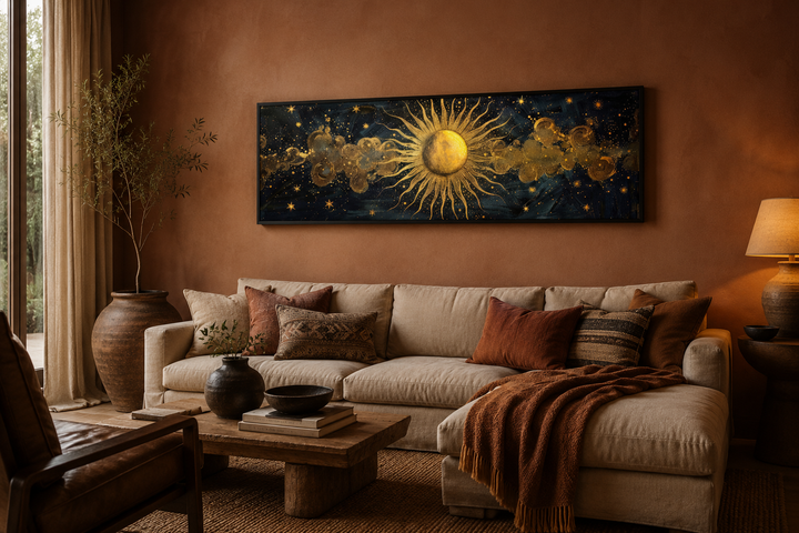 Long narrow framed canvas wall art featuring a golden sun and stars on a black background.