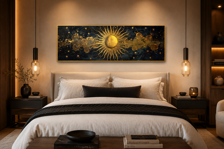Black and gold sun long narrow horizontal framed canvas wall art hanging above a bed.