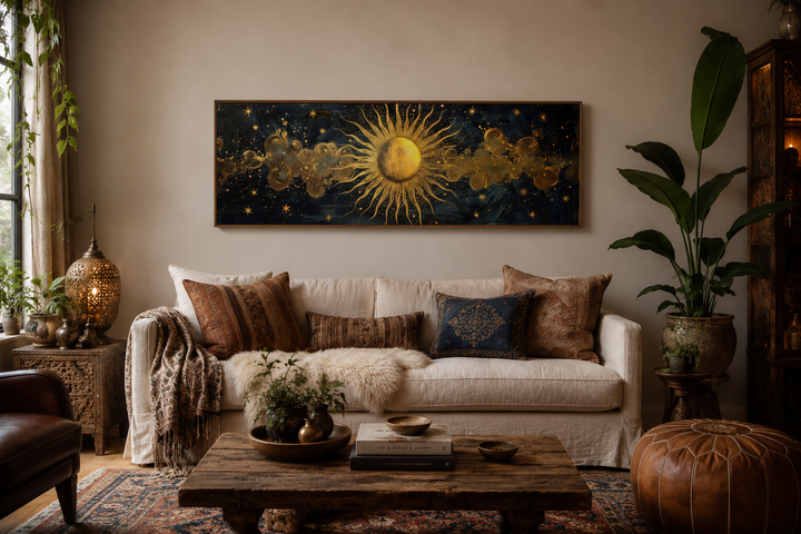 Long narrow horizontal framed canvas wall art featuring a gold sun on a black background.