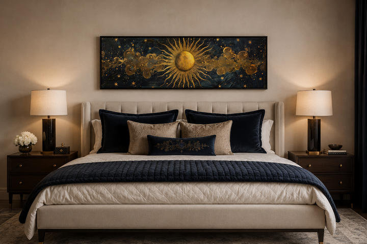 Black and gold sun long narrow horizontal framed canvas wall art hanging above a bed.