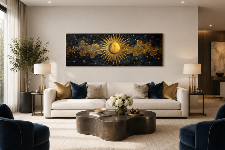 Long narrow framed canvas wall art featuring a golden sun on a black background above a sofa.