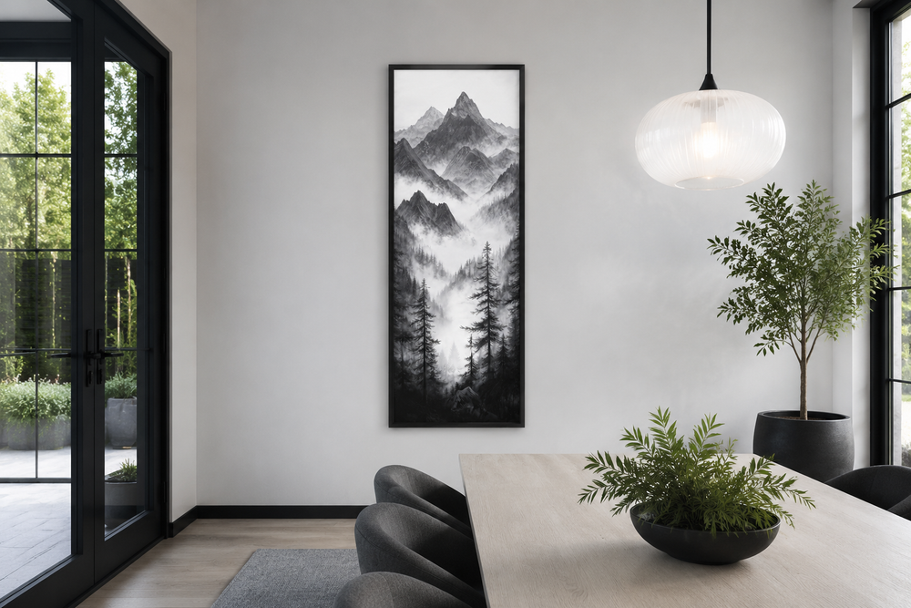 Black and white foggy mountain forest long vertical canvas wall art in a modern dining room.