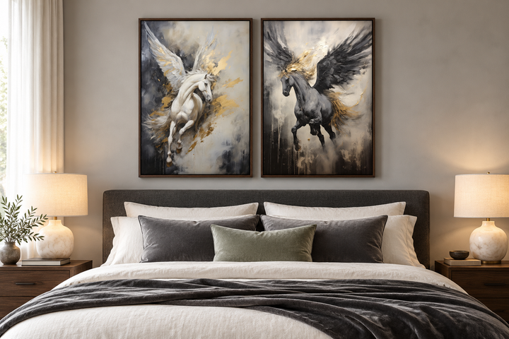Set of 2 framed canvas prints featuring black and white Pegasus horses with gold accents.