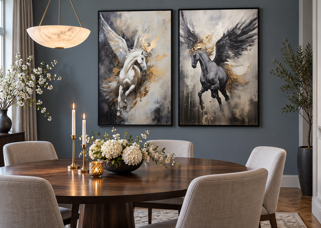 Set of 2 framed canvas wall art featuring black, white, and gold Pegasus horses in a dining room.
