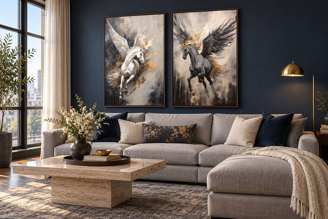 Set of 2 framed canvas prints featuring black and white Pegasus horses with gold accents.