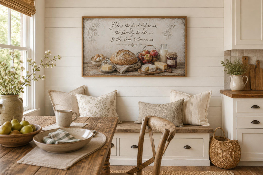 Rustic farmhouse canvas wall art with a kitchen still life and a blessing above a dining bench.