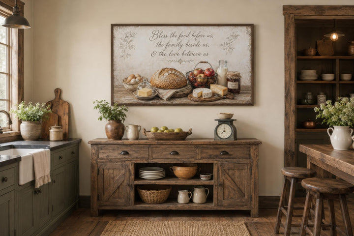 Rustic farmhouse kitchen wall art featuring a still life of bread, fruit, and a family blessing.