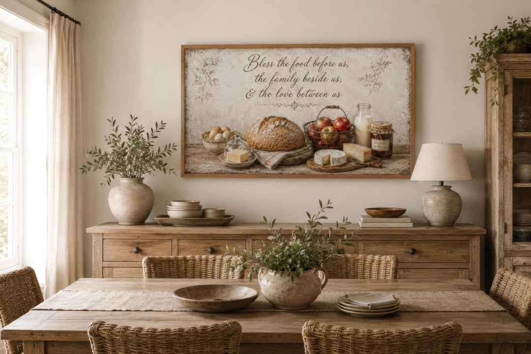 Rustic farmhouse canvas print with a food still life and a blessing above a wooden sideboard.