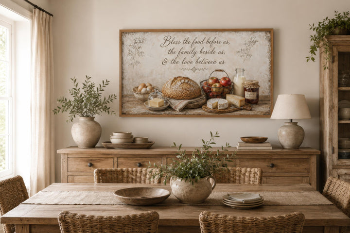 Rustic farmhouse canvas print with a food still life and a blessing above a wooden sideboard.