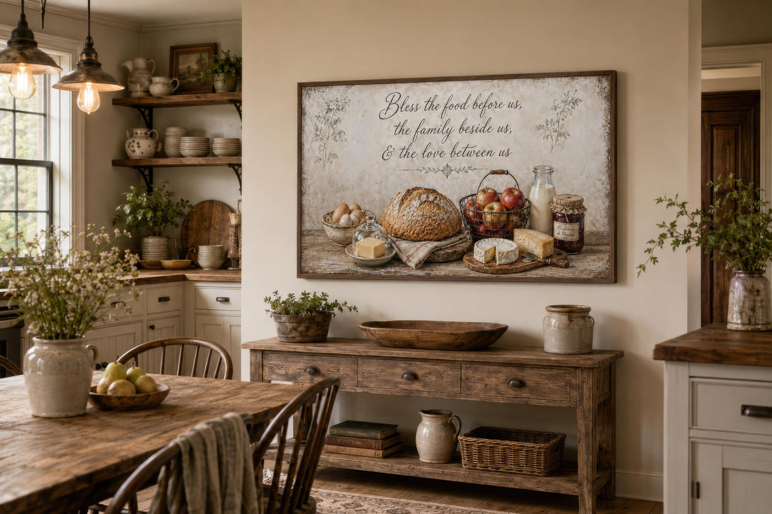 Rustic farmhouse canvas wall art with a food still life and a blessing in a warm kitchen setting.