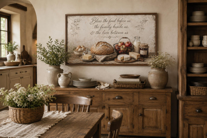 Bless the Food wall art canvas print in a rustic farmhouse kitchen above a wooden sideboard.