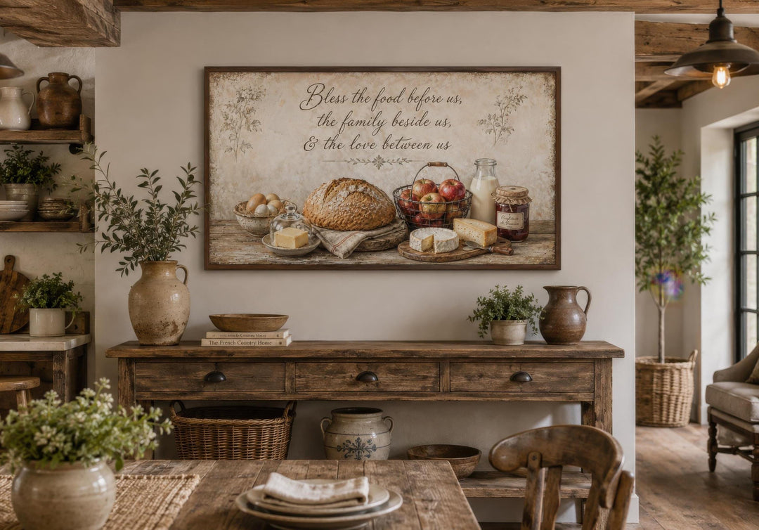 Rustic farmhouse canvas print with food still life and a blessing quote above a wooden sideboard.