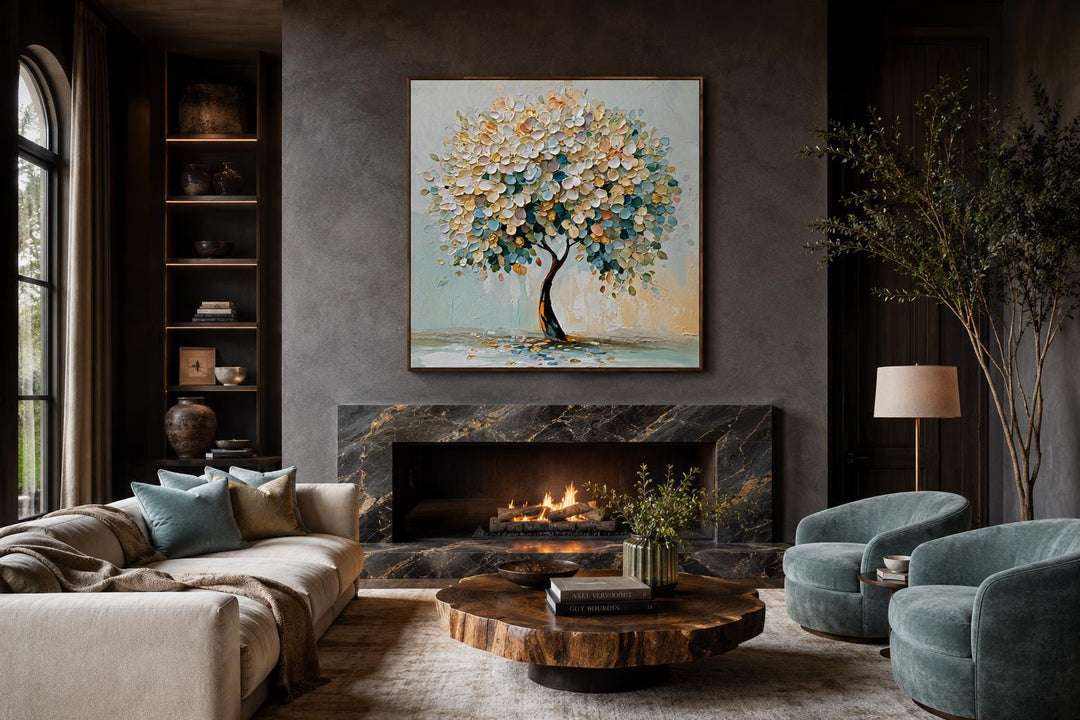Impressionistic blooming tree canvas print with pastel blue and yellow flowers over a fireplace.