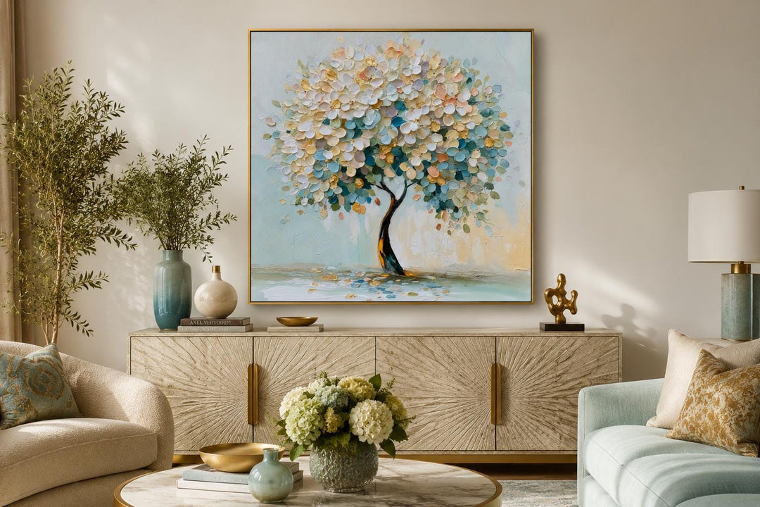 Blooming tree wall art with textured pastel blue, teal, and yellow flowers in a gold frame.