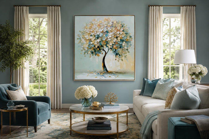 Blooming Tree Wall Art: Pastel blue and yellow textured tree canvas print in a modern living room.