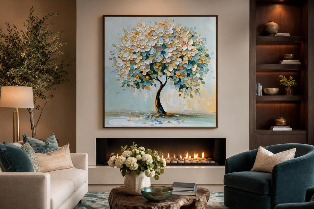 Textured pastel blue tree canvas print centered above a fireplace in a modern living room.