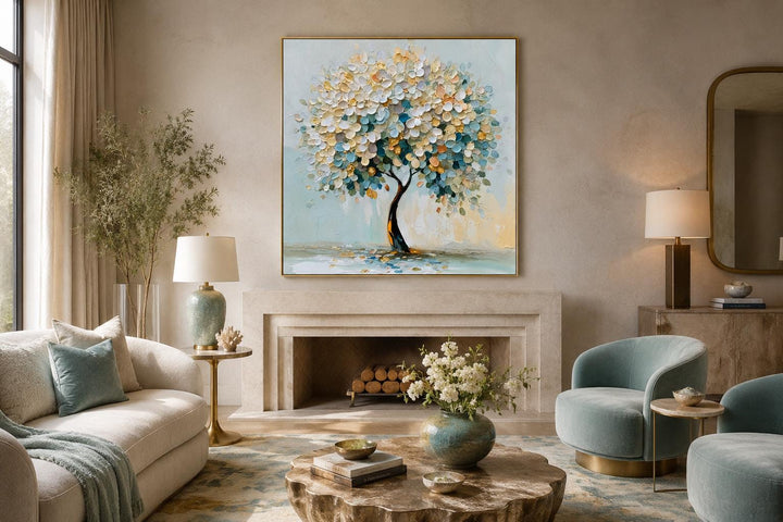 Textured canvas print of a blooming tree with pastel blue, teal, and yellow flowers over a fireplace.