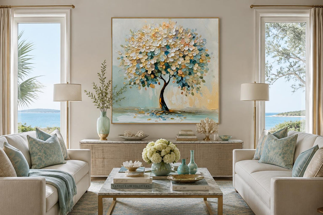 Impressionistic blooming tree canvas print in a living room with pastel blue and yellow flowers.