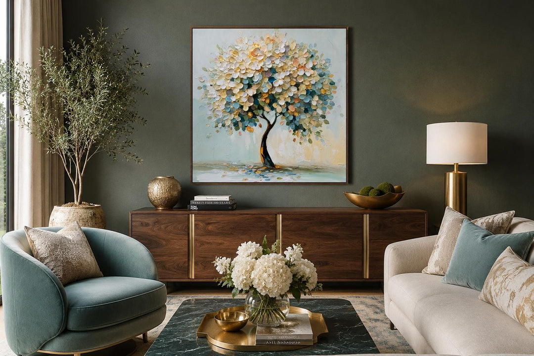Blooming tree canvas print with pastel blue, teal, and yellow flowers in a dark green living room.