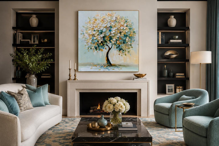 Blooming tree canvas print with pastel blue, teal, and yellow flowers over a fireplace mantel.