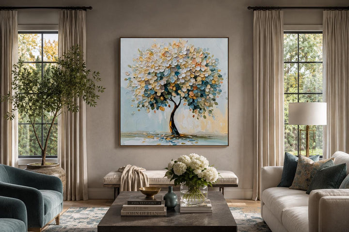 Blooming tree wall art with textured pastel blue, teal, and yellow flowers on a square canvas.