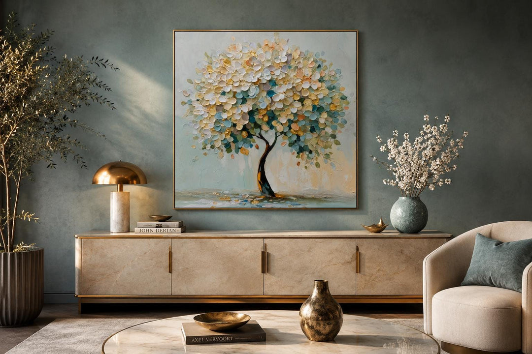 Blooming tree wall art with pastel blue, teal, and yellow textured flowers on a square canvas.
