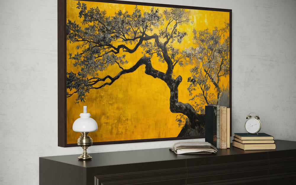 Blossoming Tree On Golden Yellow Background Canvas Print