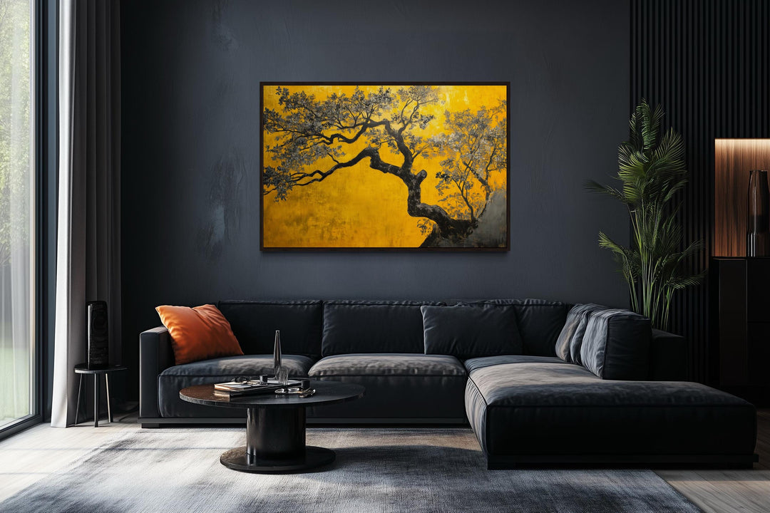 Blossoming Tree On Golden Yellow Background Canvas Print